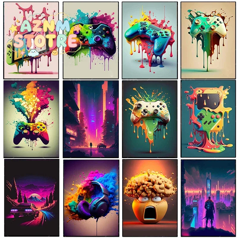 Esports Gamer - Vintage Leinwandbild: Farbenfroher Punk-Neon-Gamer-Controller – Cooles